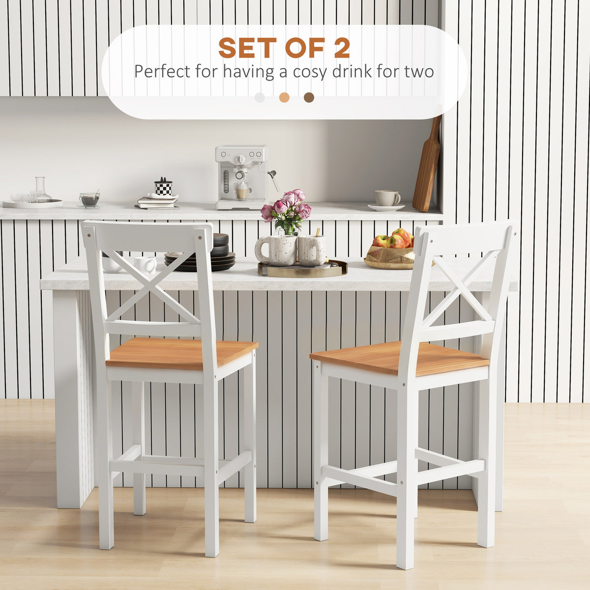 Counter Height Stools Set of 2, Farmhouse Bar Stools with Backs, Solid Wood Counter Stools for Kitchen Island