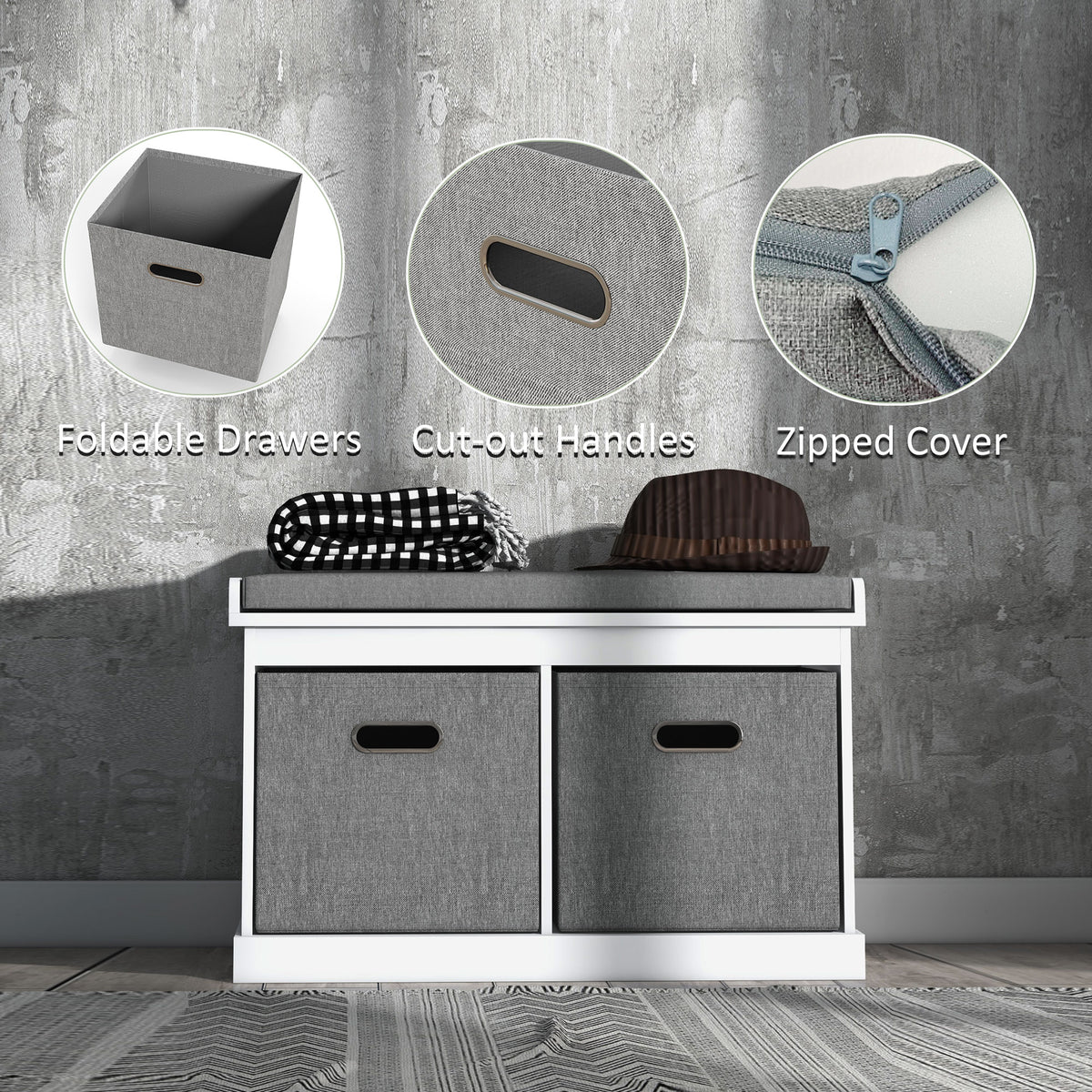 Shoe Storage Bench with Seat, Entryway Bench Seat with Cushion, 2 Fabric Drawers for Hallway, White