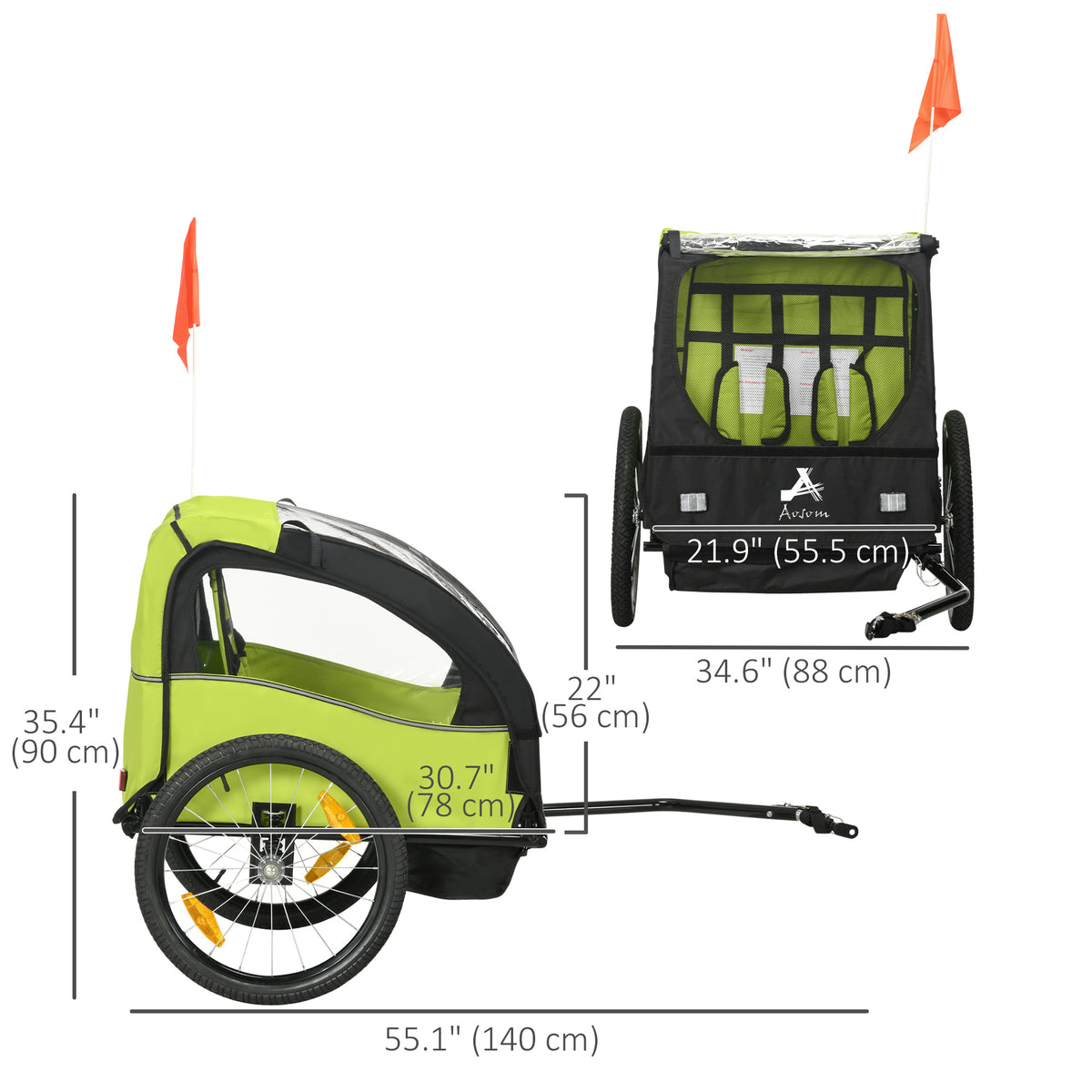 Aosom 2 Seat Bike Trailer for Kids, Baby Stroller with Storage Bag, 5 Point Harness, Bicycle Trailer with 20" Wheels