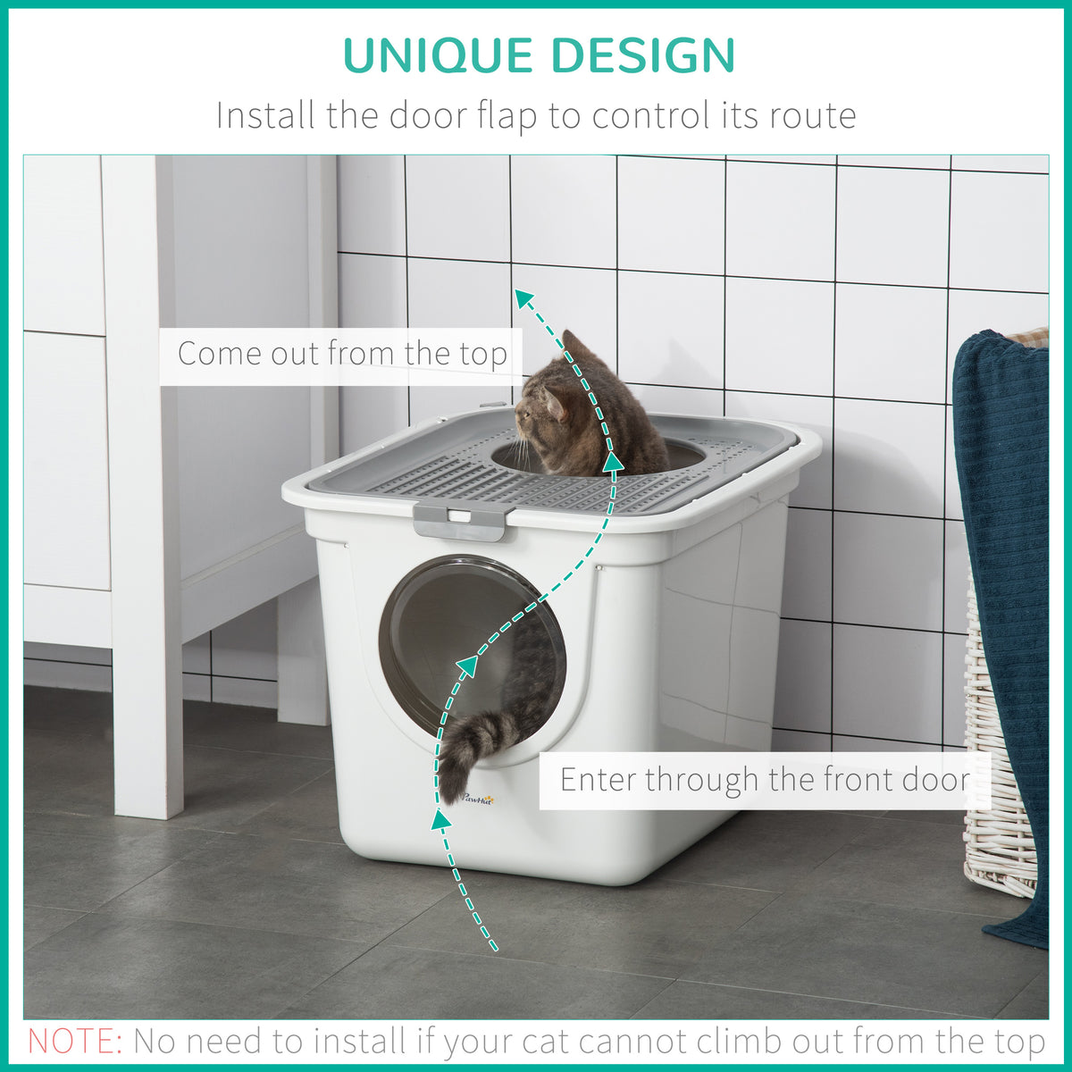 Enclosed Cat Litter Box, Easy Cleaning Kitty Litter Box with Front Entrance, Top Exit, Scoop, White