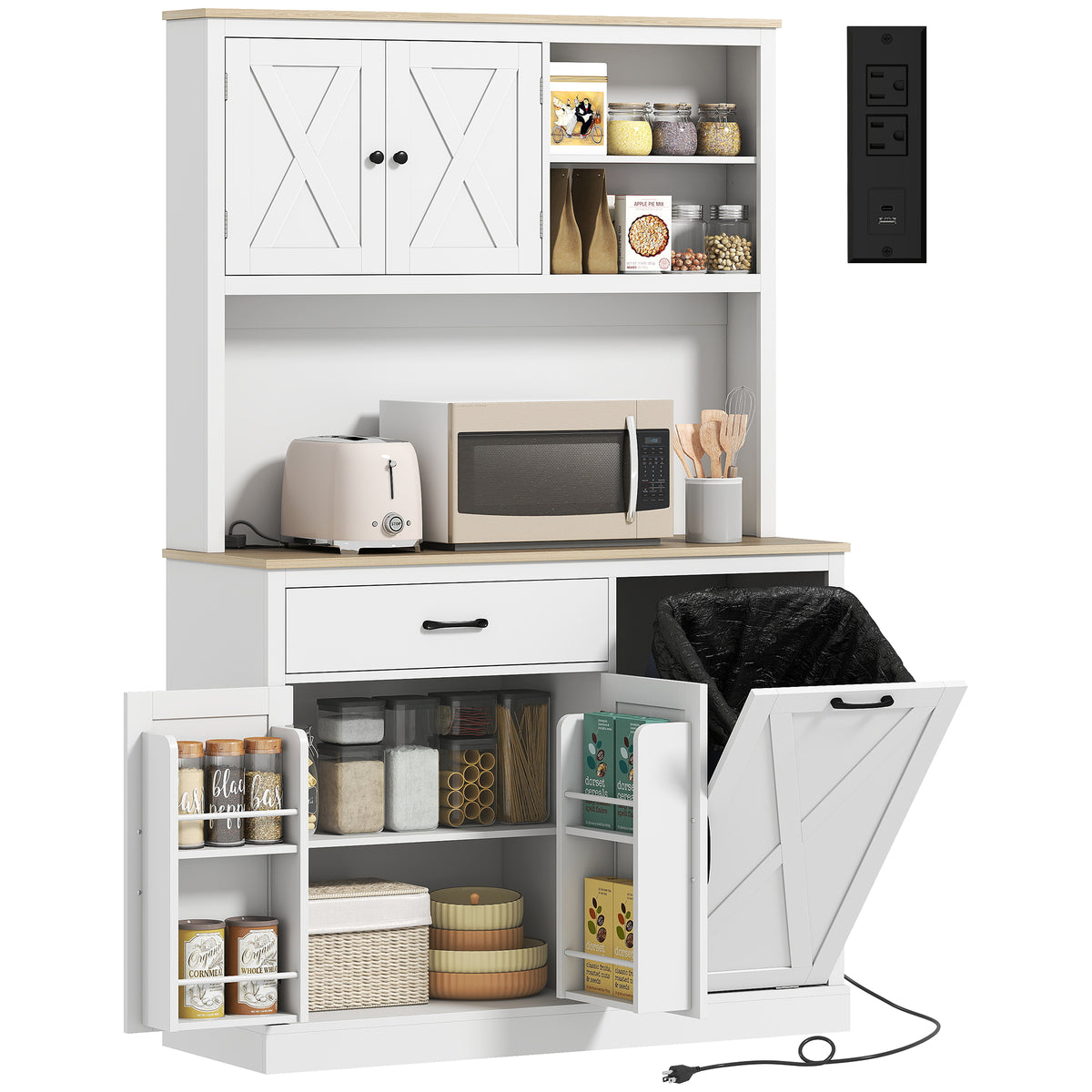 69" Pantry Cabinet with Charging Station, Kitchen Cabinet with Microwave Stand, Tilt-Out Trash Can Cabinet – view 8