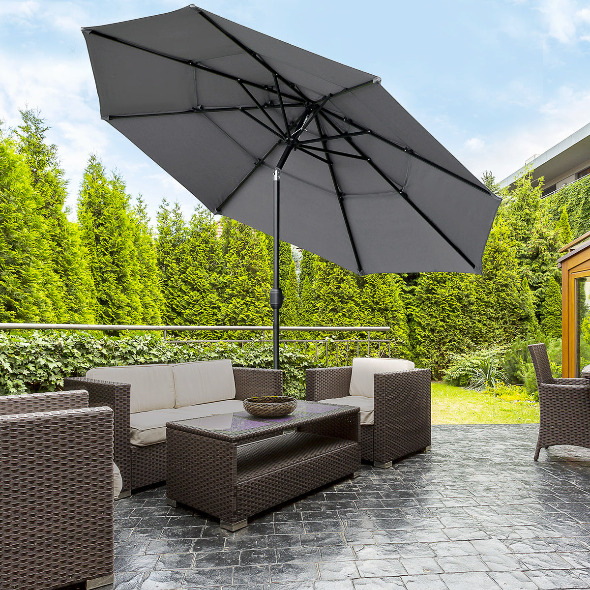 9FT 3 Tiers Patio Umbrella Outdoor Market Umbrella with Crank, Push Button Tilt for Deck – view 14
