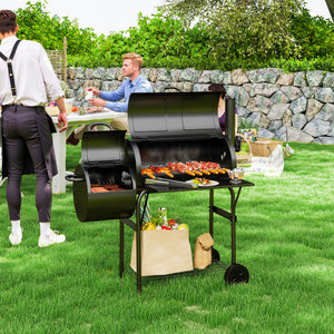 Portable Outdoor Charcoal BBQ Grill with Offset Smoker, Barbecue Grill with Spacious Cooking Area, 2 Shelves, Thermometer, Wheels for Patio Backyard Party, Black