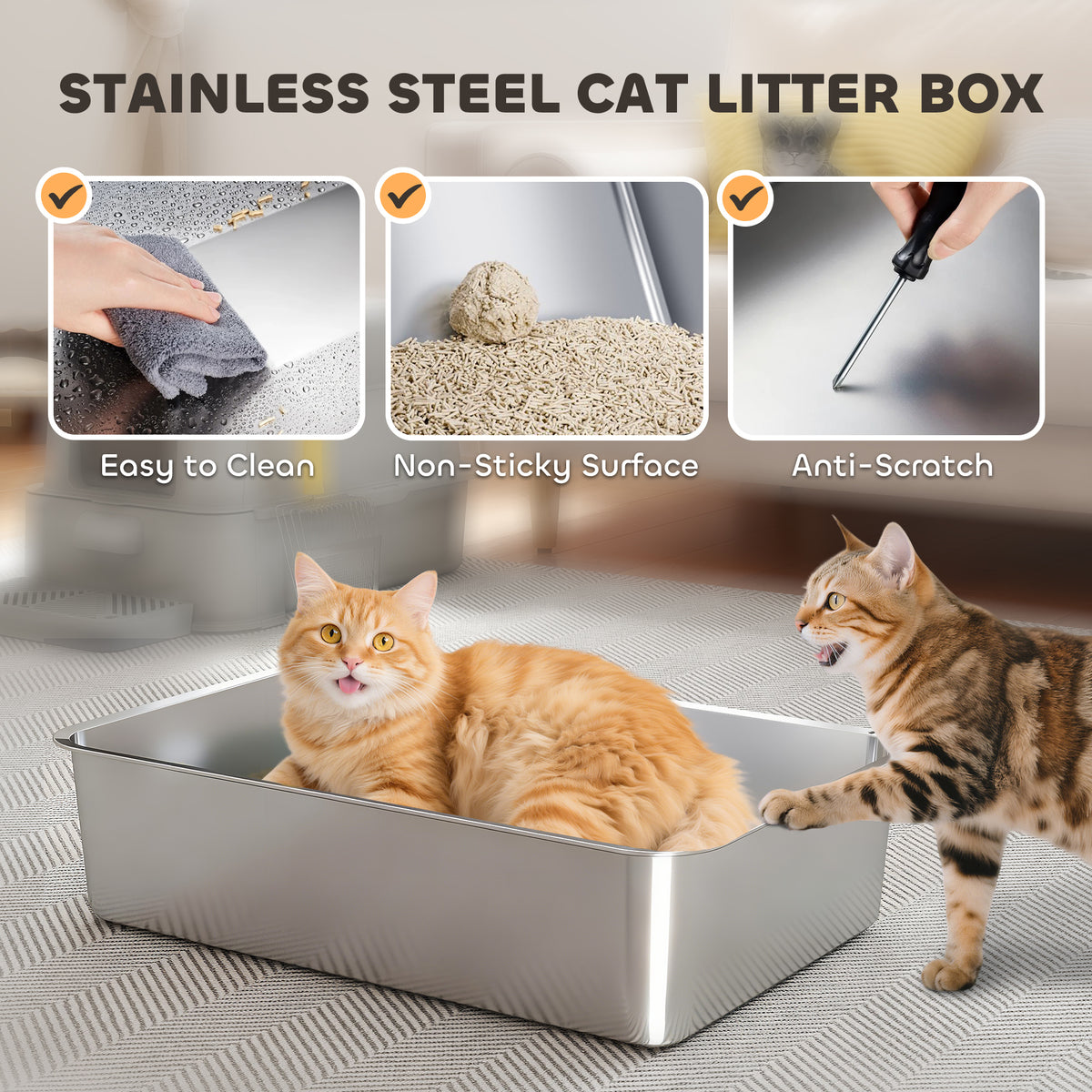 80L XL Stainless Steel Cat Litter Box for Big Cats with Flip Cover, Pull-Out Drawer Tray, High Sided – view 12