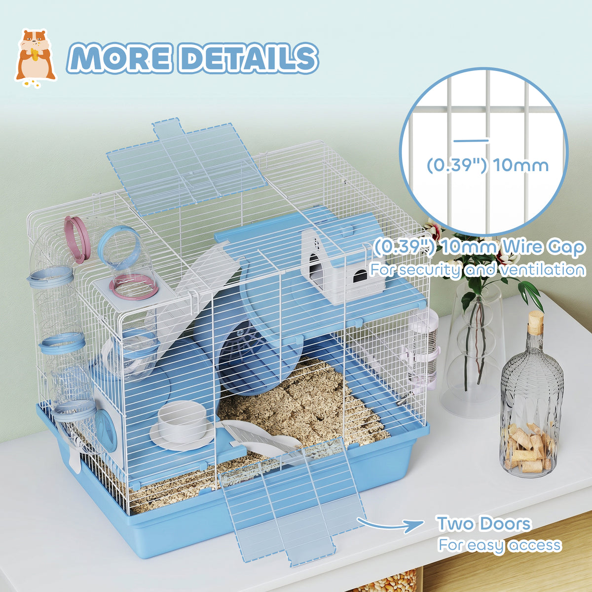 Hamster Cage, 3-Tier Small Animal Cage with Excerise Wheel, Food Bowl, Water Bottle, House, Tunnels, Ramps