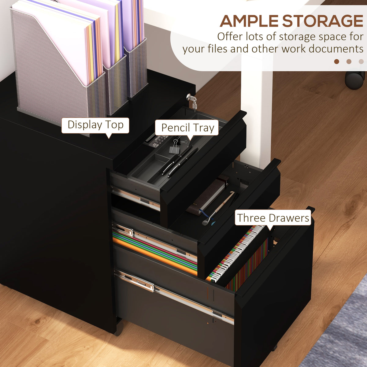 3 Drawer File Cabinet with Lock, Steel Vertical Filing Cabinet with 5 Wheels and Hanging Bar for – view 3