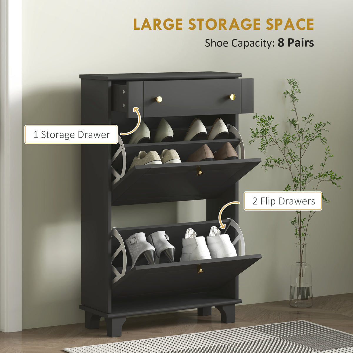 Slim Shoe Storage with 2 Flip Drawers and Adjustable Shelves Shoe Cabinet Organizer for 8 Pair, Black – view 3