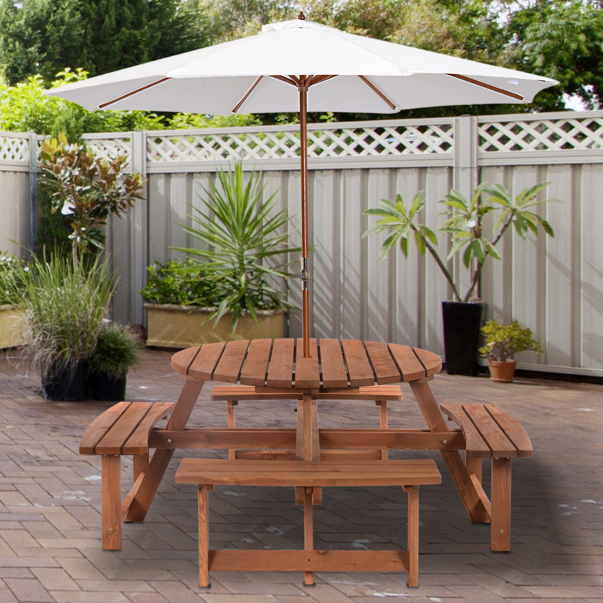 8 Seater Round Wooden Pub Bench & Picnic Table, Patio Dining Set for Outdoor Patio (Umbrella Not Included)