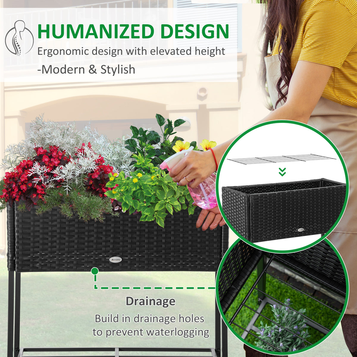 Rattan Raised Garden Boxes, Elevated Flower Beds with Storage Shelf for Herbs, Flowers, Vegetables, Brown – view 12