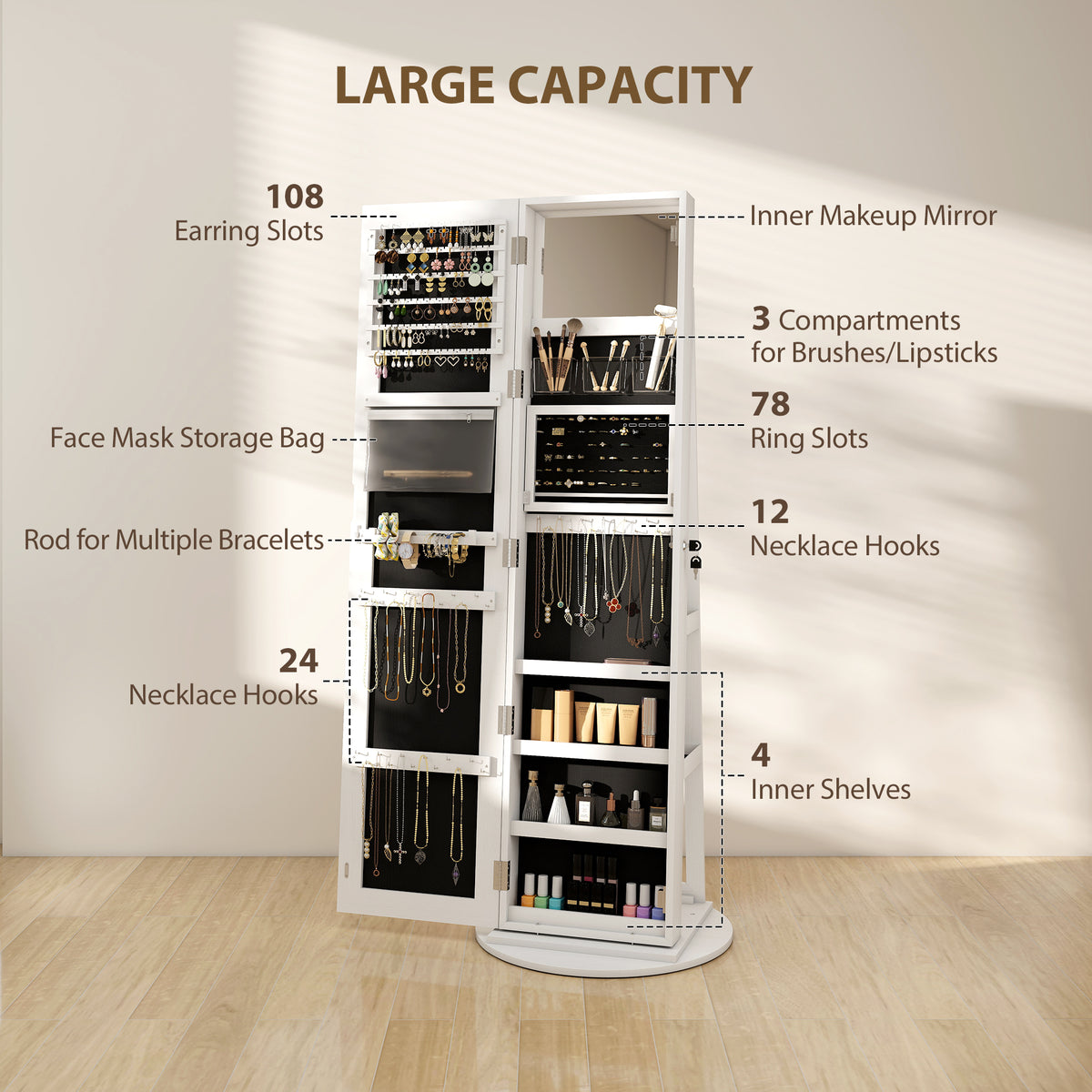 Jewelry Cabinet with Full Length Lockable Mirror, Standing Jewelry Armoire Organizer with LEDs, White