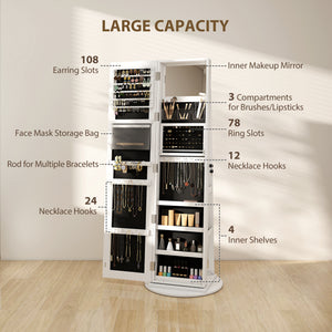Jewelry Cabinet with Full Length Lockable Mirror, Standing Jewelry Armoire Organizer with LEDs, White