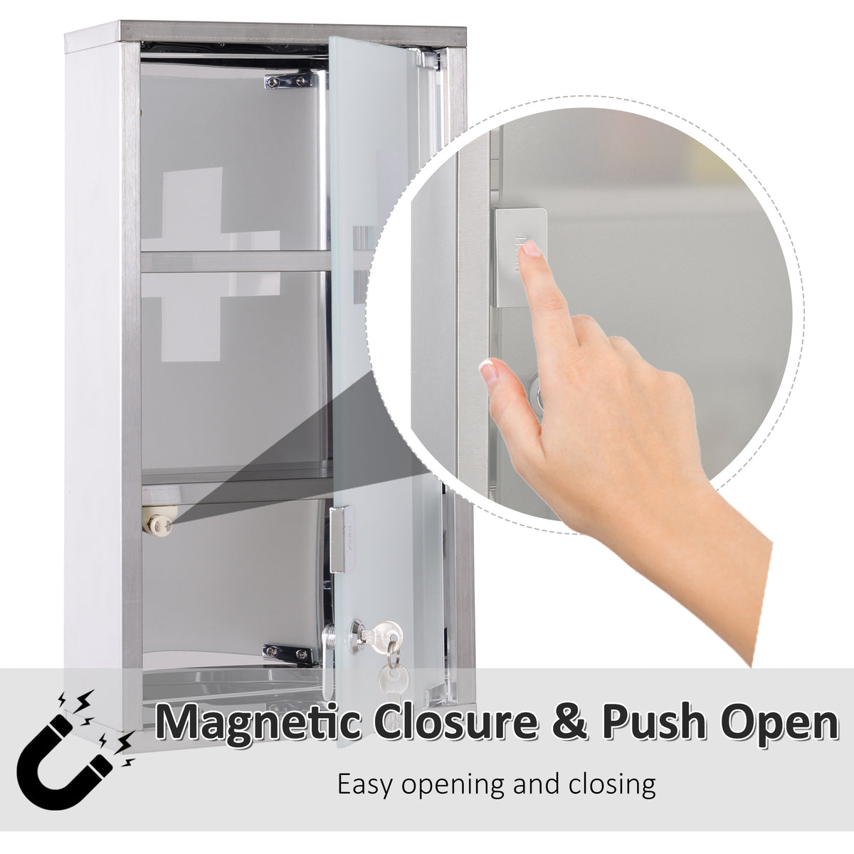 Wall Mount Medicine Cabinet, Bathroom Cabinet with 3 Tier Shelves, Stainless Steel Frame and Glass Door, Lockable with 2 Keys, Silver, 12" x 23.5"