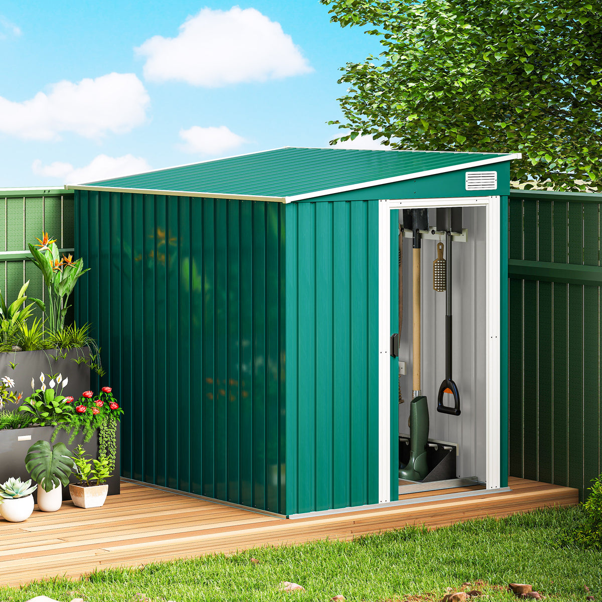 5'x7' Lean to Galvanized Metal Shed with Foundation, Garden Tool Storage House with Sliding Door and 2 – view 14