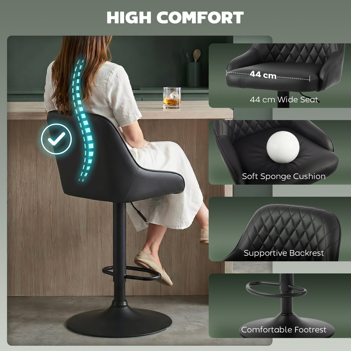 Bar Stools Adjustable Swivel Kitchen Chairs with Backrest Set of 2 for Kitchen Island Black