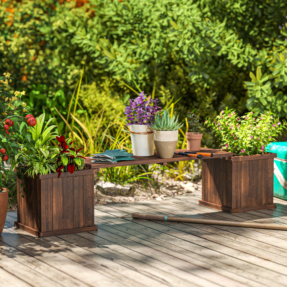 Garden Planter with Raised Garden Bed Bench for Patio Park, 69.25" x 15" x 15.75", Carbonized