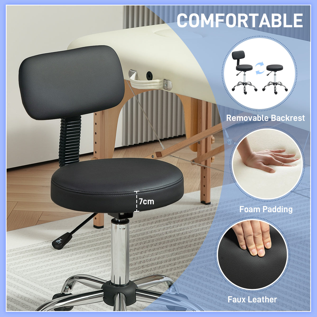 Adjustable Rolling Stool with Removable Backrest, Faux Leather Swivel Stool Chair for Salon Spa, Bar – view 3