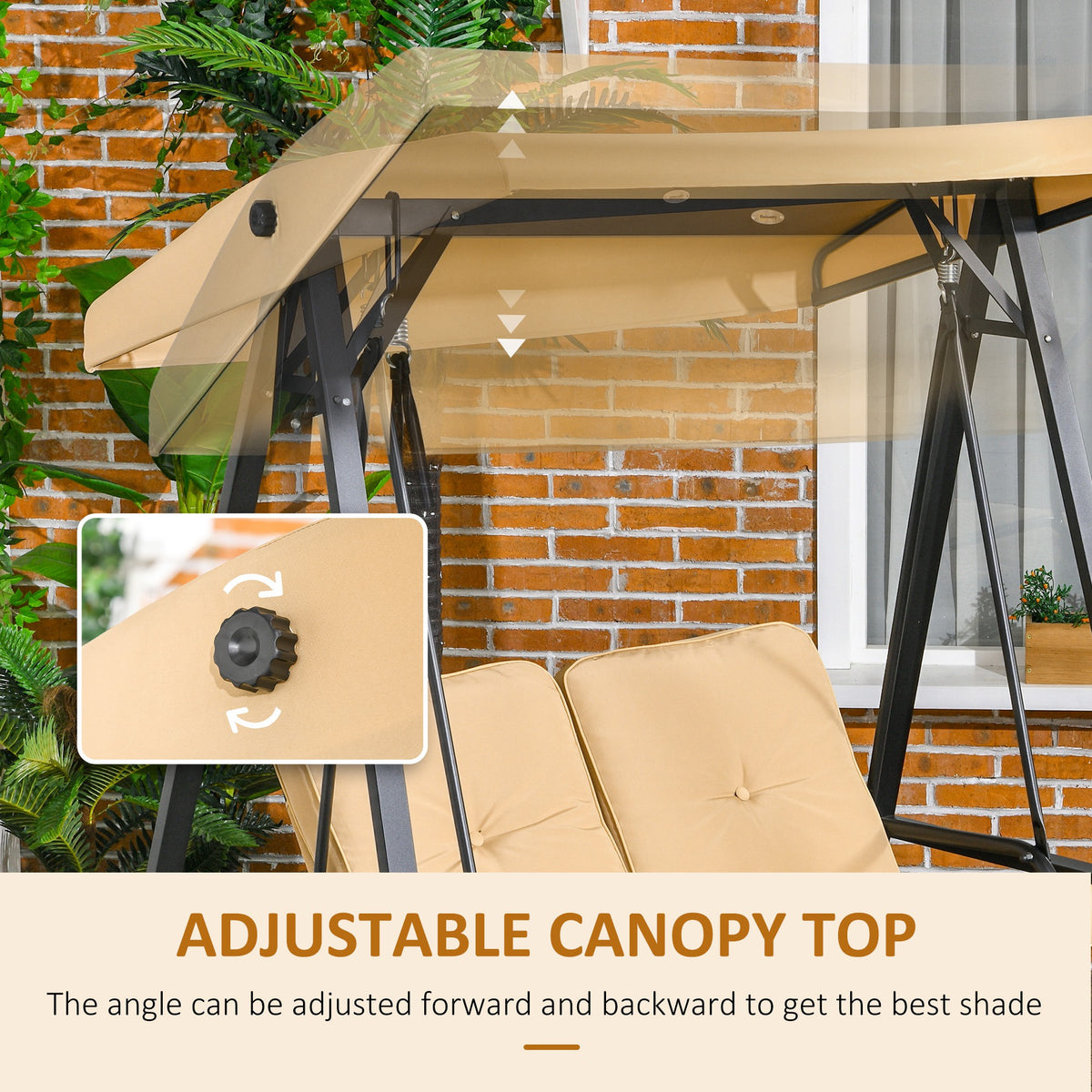 2-Seater Outdoor Porch Swing with Adjustable Canopy, Patio Swing Chair for Garden, Poolside, Backyard, Beige – view 6