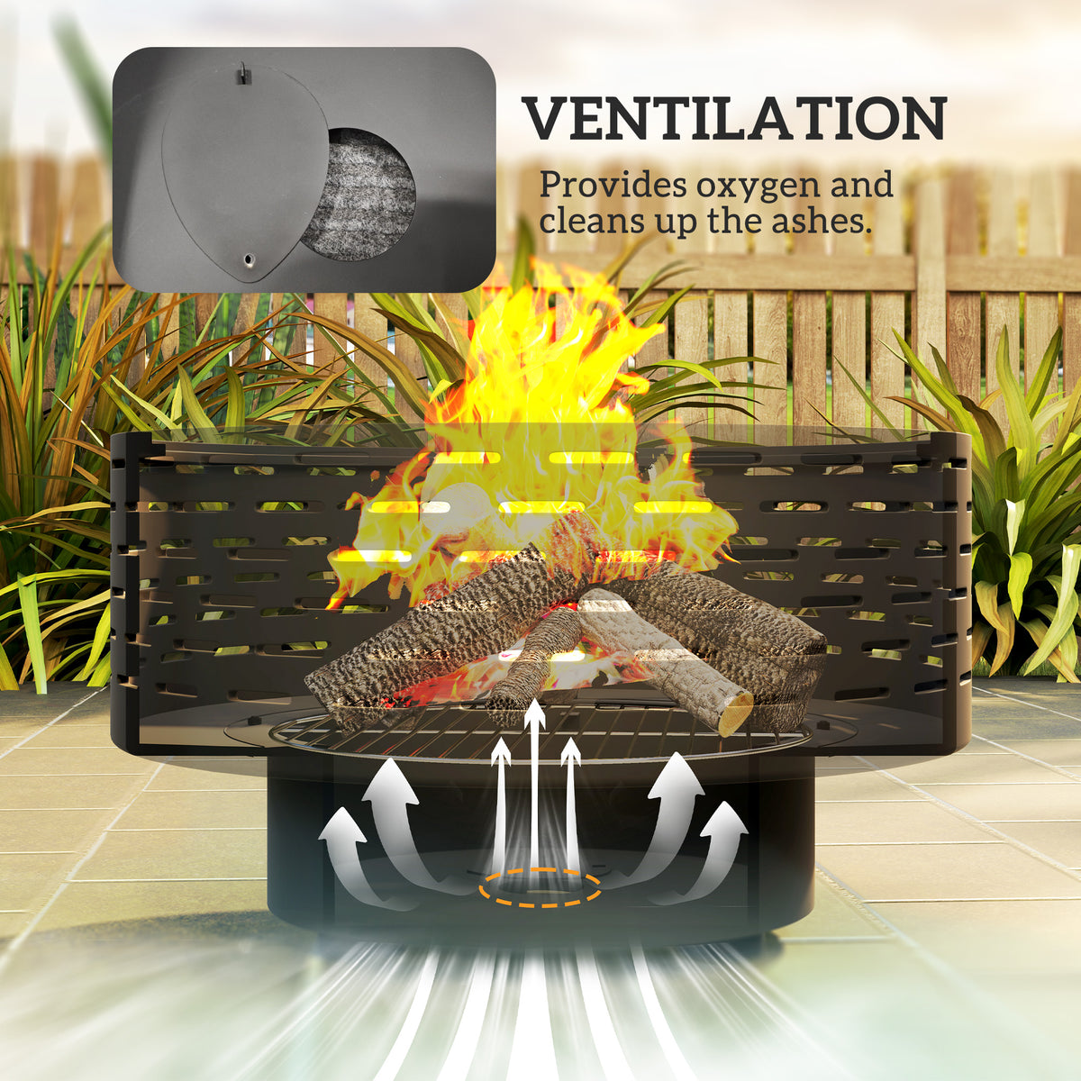 3-in-1 Fire Pit Φ23.8" x 15.4" Outdoor Fire Bowl with Grill Grate, Wood-Effect Fire Basket