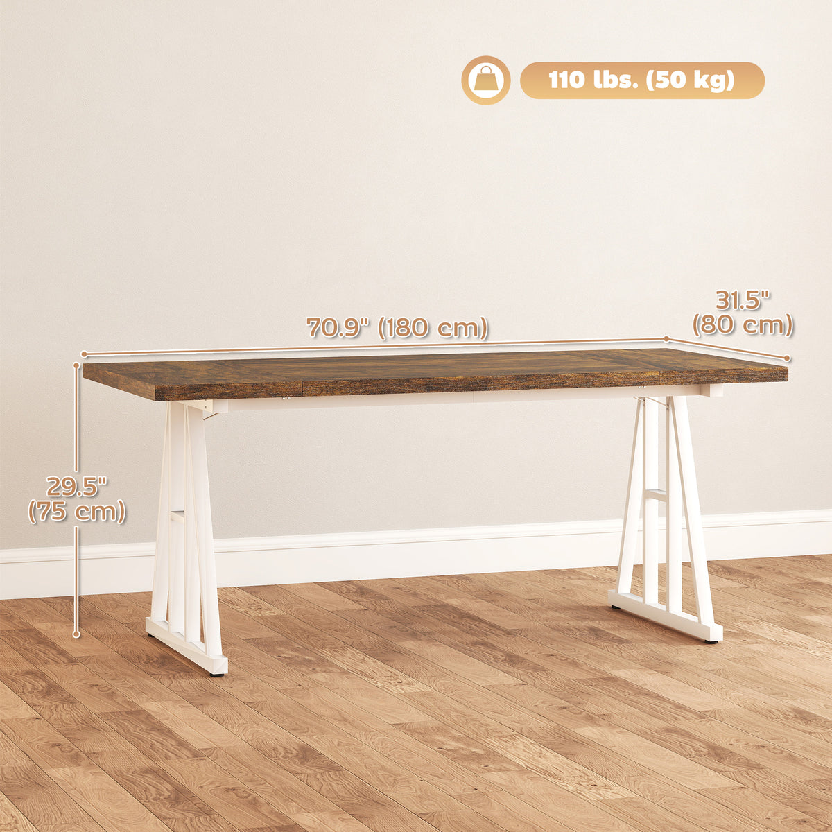 Farmhouse Kitchen Table for 8, Rectangular Dining Table with Thick Tabletop and Steel Trestle Legs, Brown and White