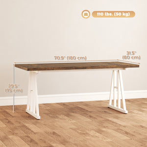 Farmhouse Kitchen Table for 8, Rectangular Dining Table with Thick Tabletop and Steel Trestle Legs, Brown and White