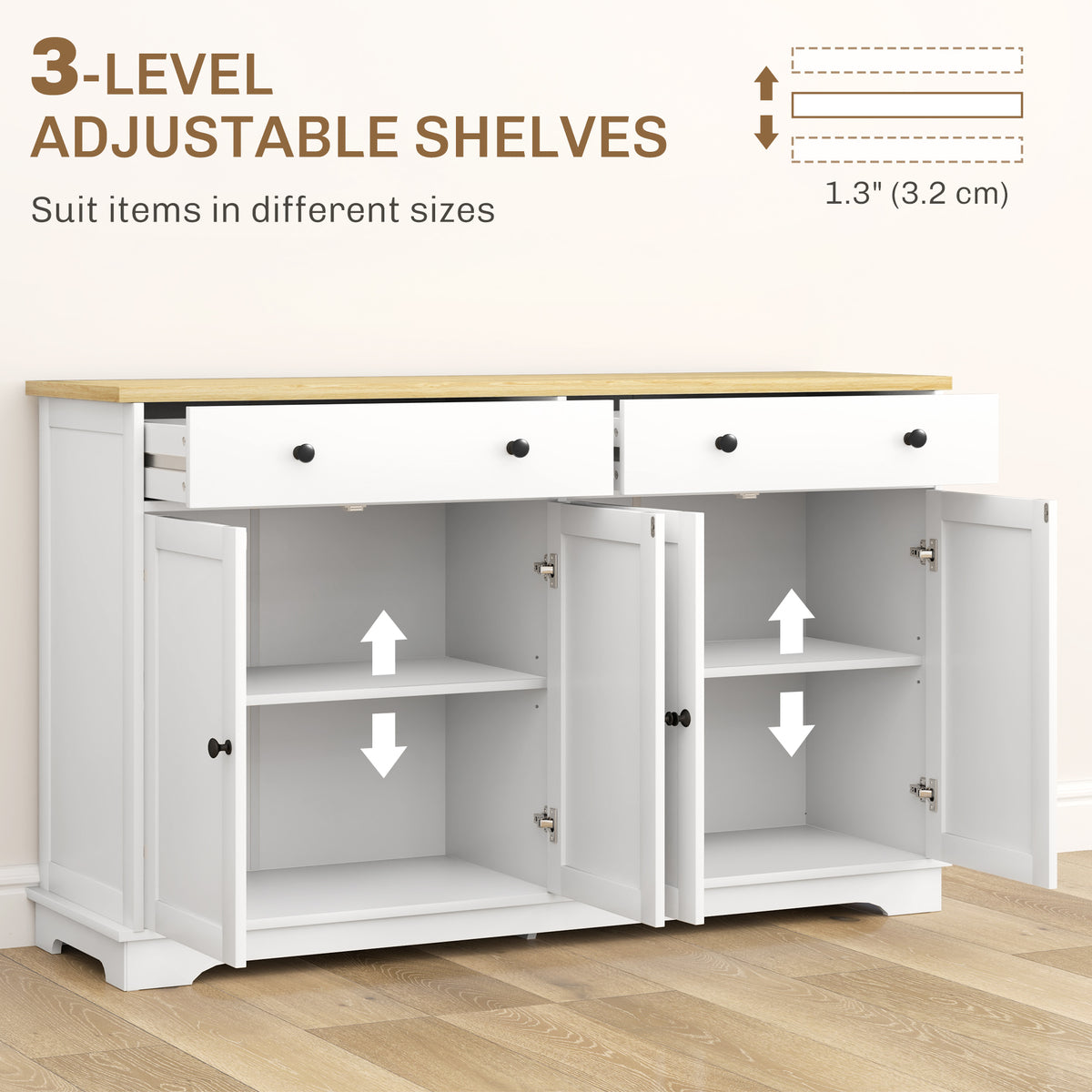 Modern Sideboard, Buffet Cabinet with Storage Drawers, Adjustable Shelves for Living Room, Dining Room, Entryway, White