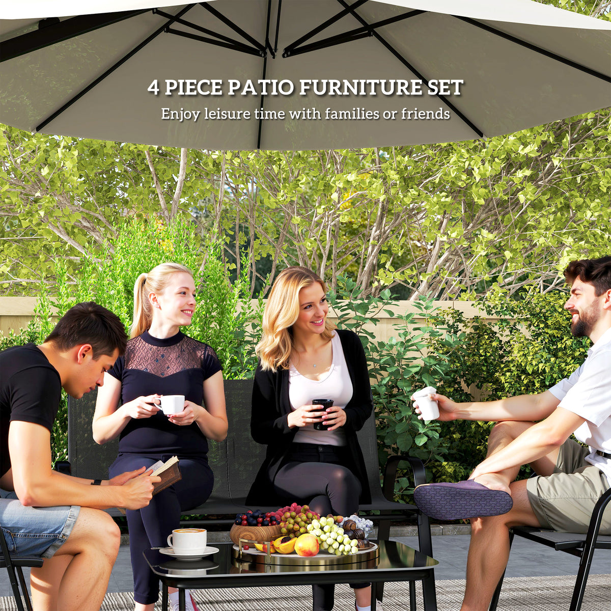 4 Pieces Outdoor Furniture Set with 2 Stackable Chairs, Loveseat, Patio Conversation Set with Glass Coffee Table, Black