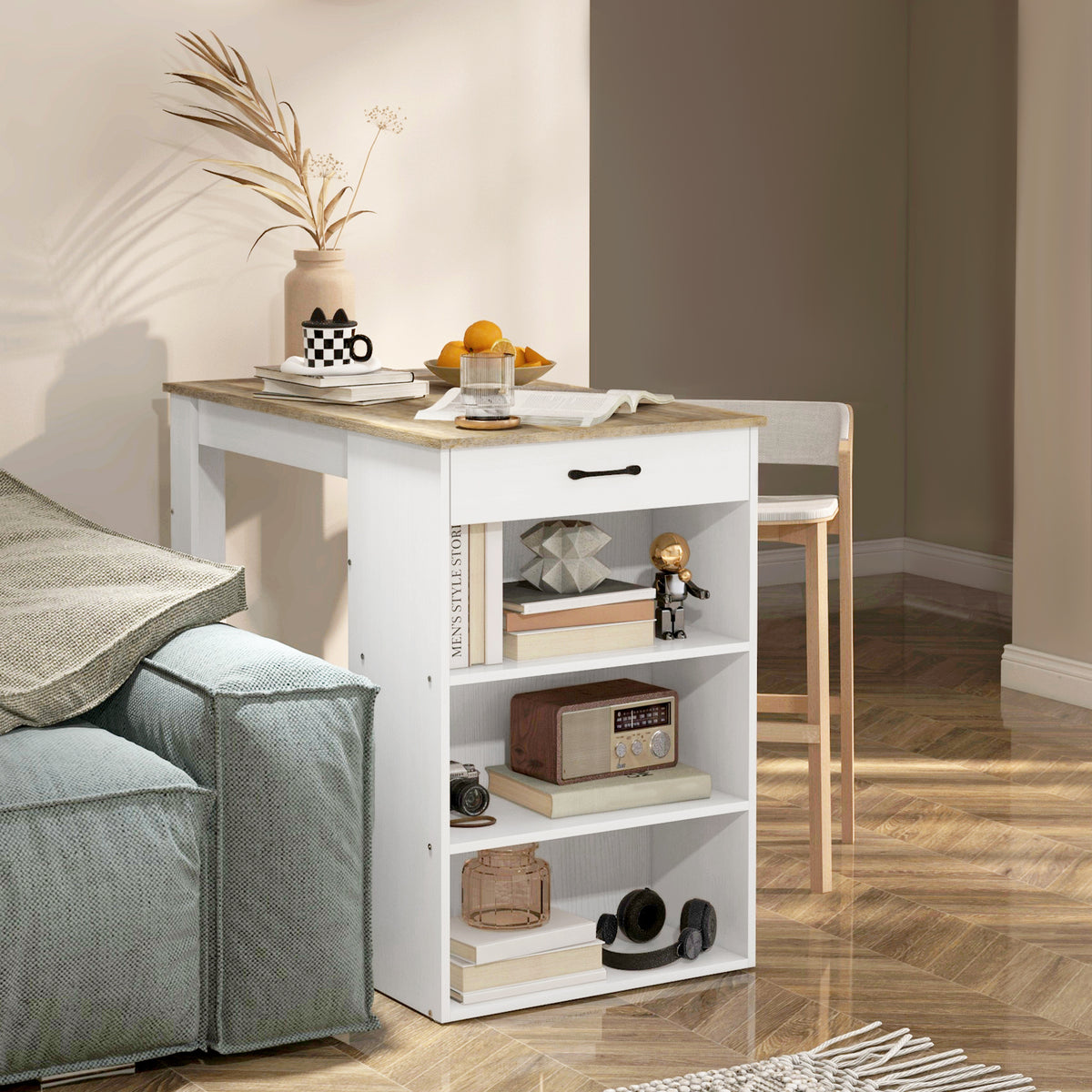 Bar Table with Drawer and 3 Storage Shelves, Bar Height Table, High Top Pub Table for Home Bar, Kitchen, Grey