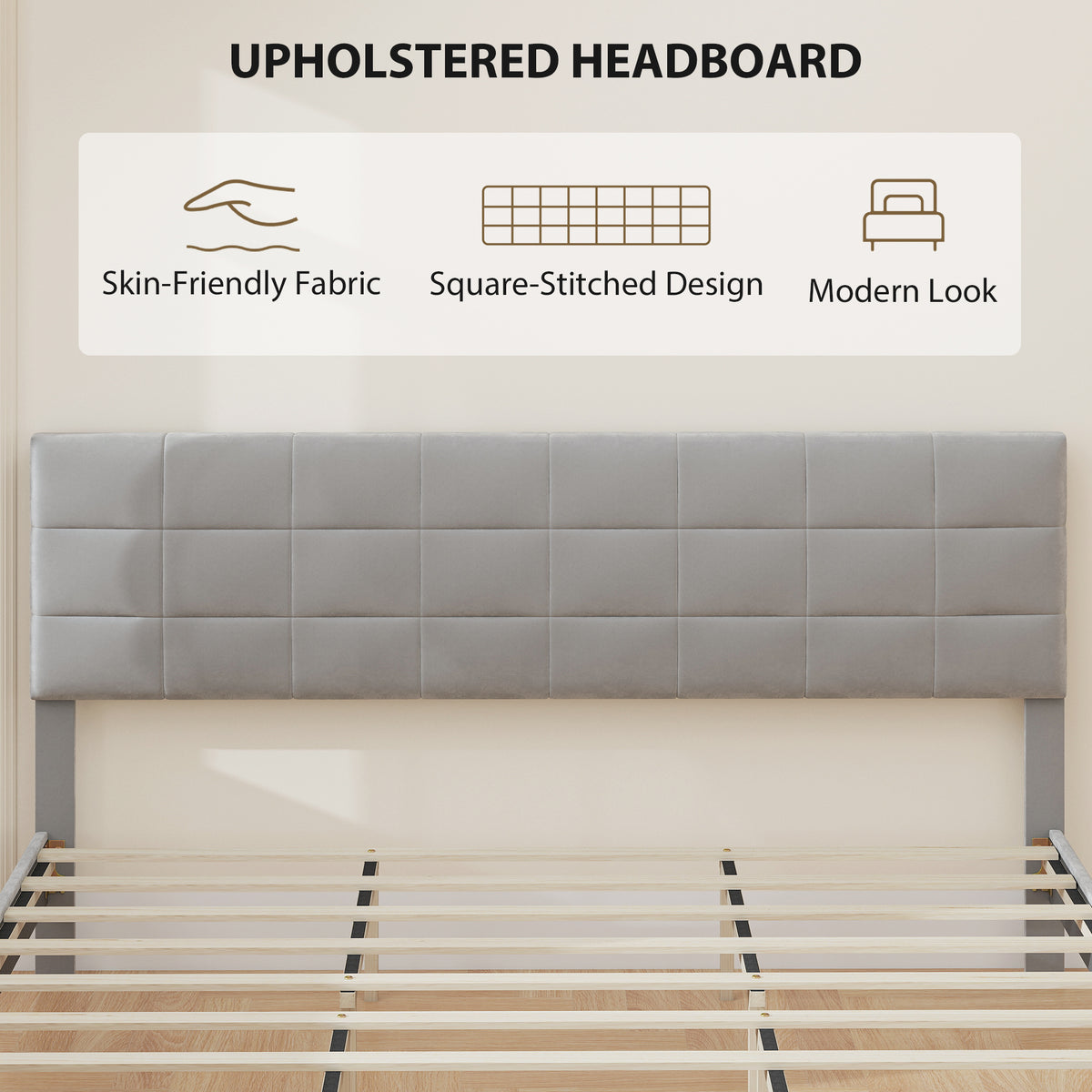 Queen Size Bed Frame with Upholstered Headboard, Modern Platform Bed Frame with Wood Slats, 1100 lbs Capacity, Cream