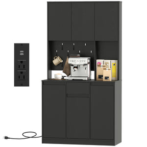 71" Pantry Cabinet with Charging Station, Kitchen Storage Cabinet with Microwave Stand, Pegboard