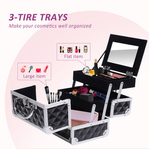3 Tier Diamond Texture Makeup Train Case Cosmetic Organizer with Mirror, Black – view 5