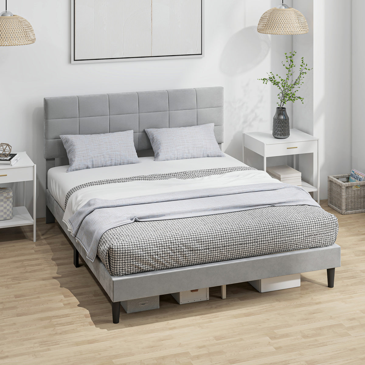 Queen Size Bed Frame with Upholstered Headboard, Modern Platform Bed Frame with Wood Slats, 1100 lbs Capacity, Cream