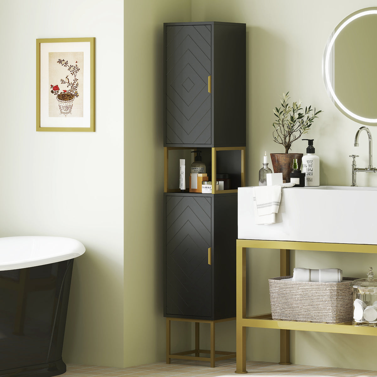 Tall Bathroom Storage Cabinet, Modern Narrow Bathroom Cabinet with Diamond Chevron Pattern and Adjustable – view 7