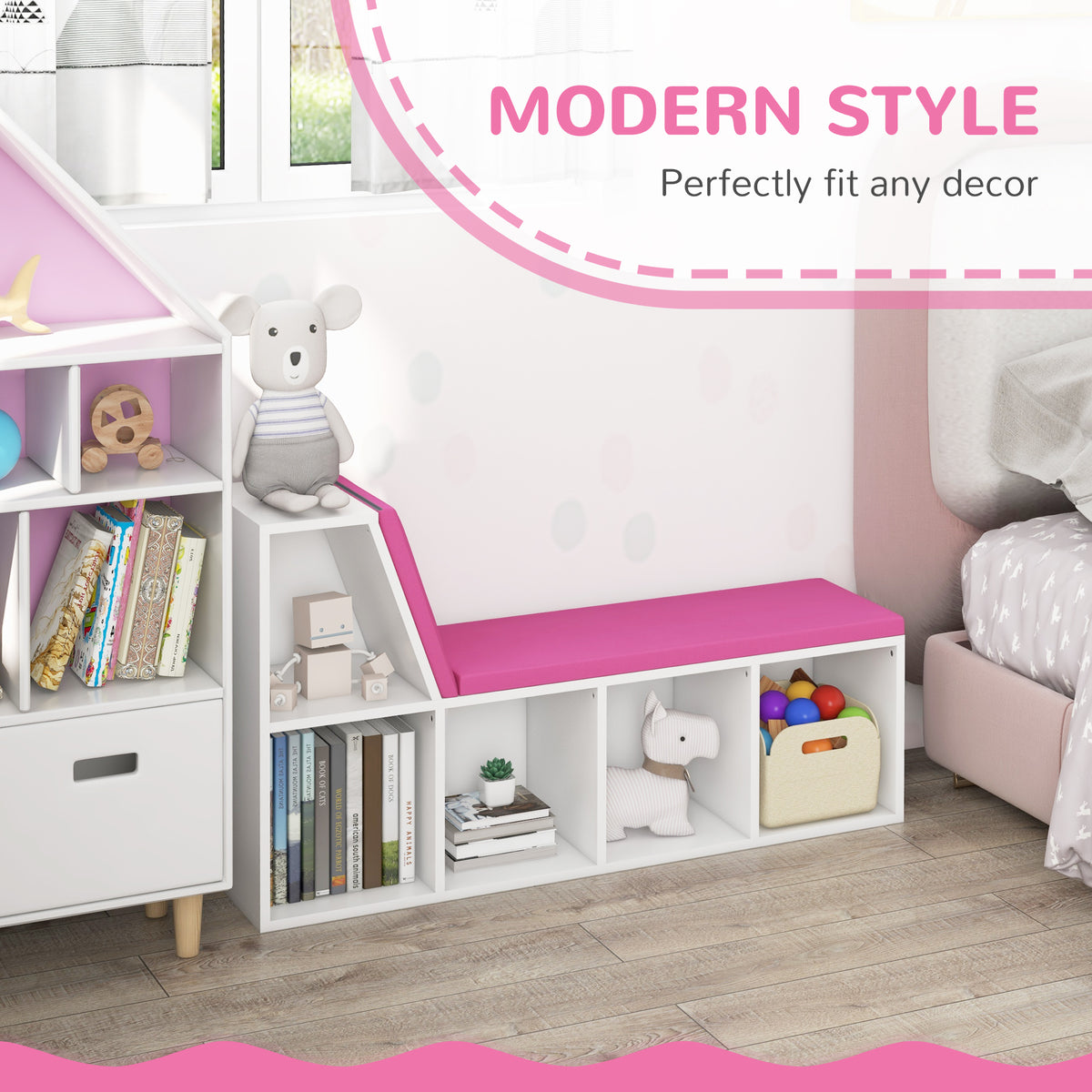 Multi-Purpose Bookshelf with 5 Cubes, 5-Cubby Bookcase with Cushioned Reading Nook and Storage Shelves, Blue – view 24