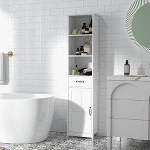 Modern Bathroom Cabinet, Narrow Bathroom Vanities with 3 Open Shelves, Drawer and Adjustable Shelf, White