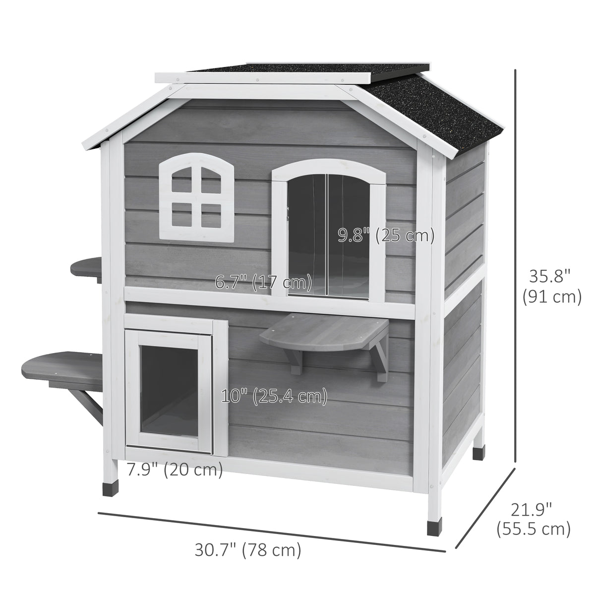 2-Storey Outdoor Cat House, Wooden Catio with Openable Roof, Lounge Space, Fun Entrances, for Feral Cats, Grey