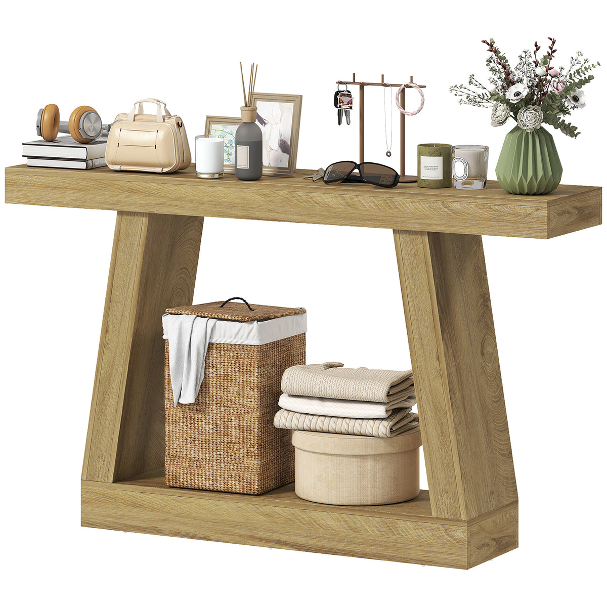 55" Farmhouse Console Table, 2-Tier Entryway Table with Storage for Hallway, Living Room, Behind Couch,  Oak