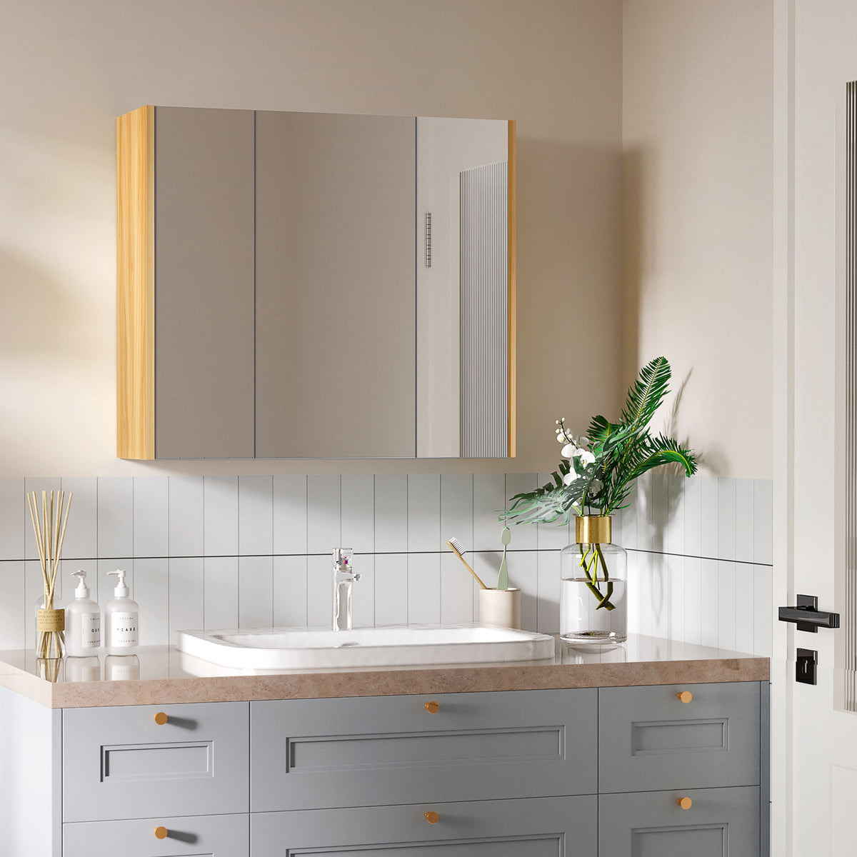 Wall Mounted Medicine Cabinet with Mirror Wall Mirror Cabinet with 3 Doors and Adjustable Storage Shelves Gray
