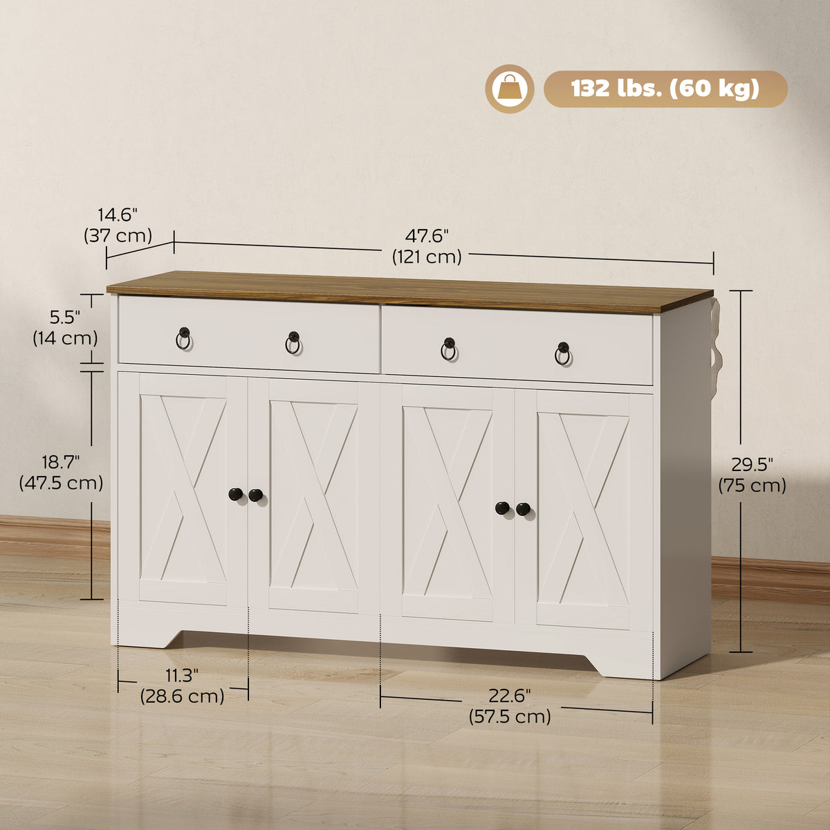 Sideboard Cabinet with 2 Drawers, 4 Barn Doors and 2 Adjustable Shelves, Buffet Table for Living Room, Black – view 16