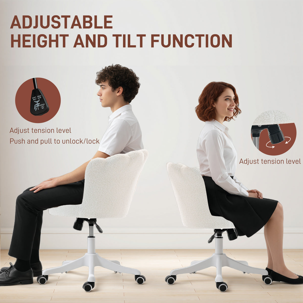 Office Chair, Armless Swivel Desk Chair with Adjustable Height, Backrest, Tilt Function for Office, Vanity, Cream White