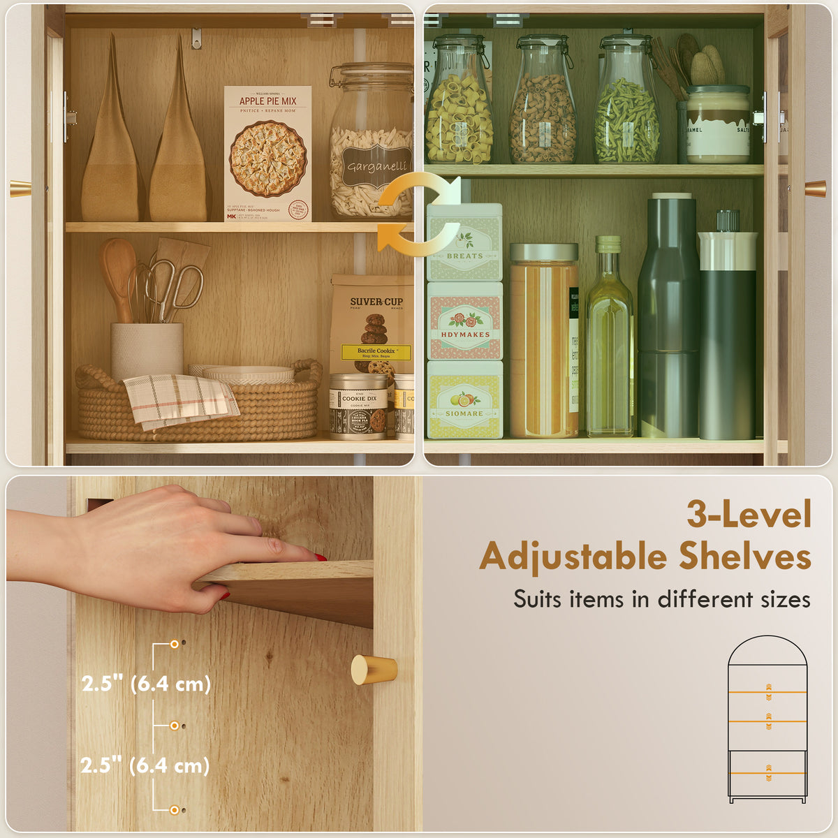 Arched Kitchen Pantry Cabinet, 71" Tall Farmhouse Kitchen Storage Cabinet with Acrylic Glass Doors, Oak – view 5