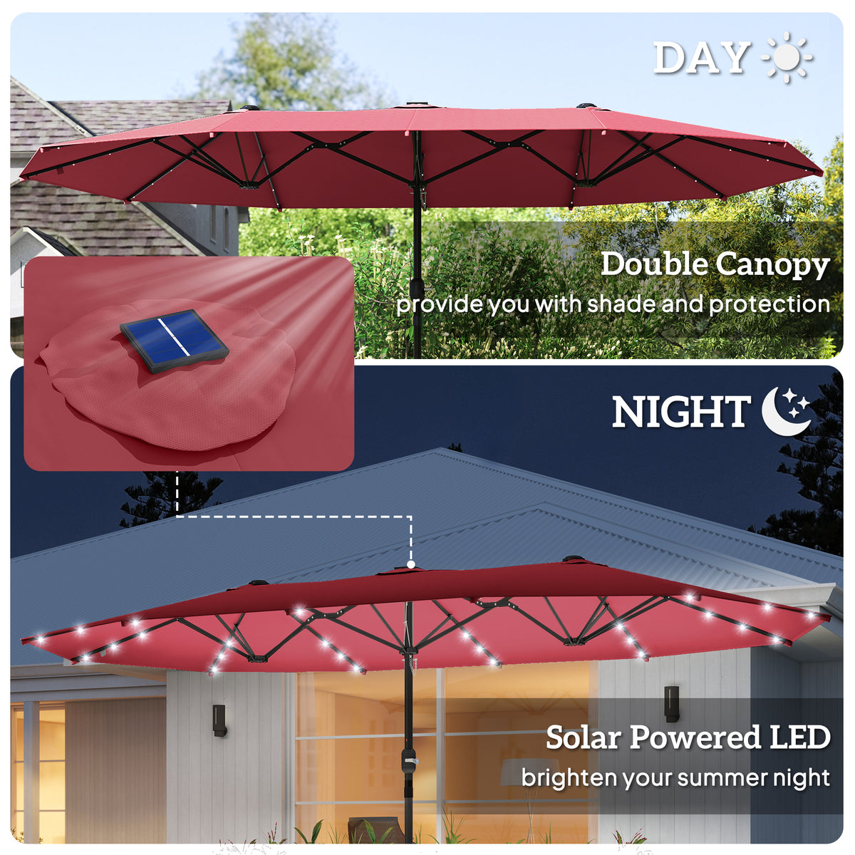 174" Double-Sided Sun Umbrella Garden Parasol Patio Sun Shade Outdoor with LED Solar Light, Khaki – view 24