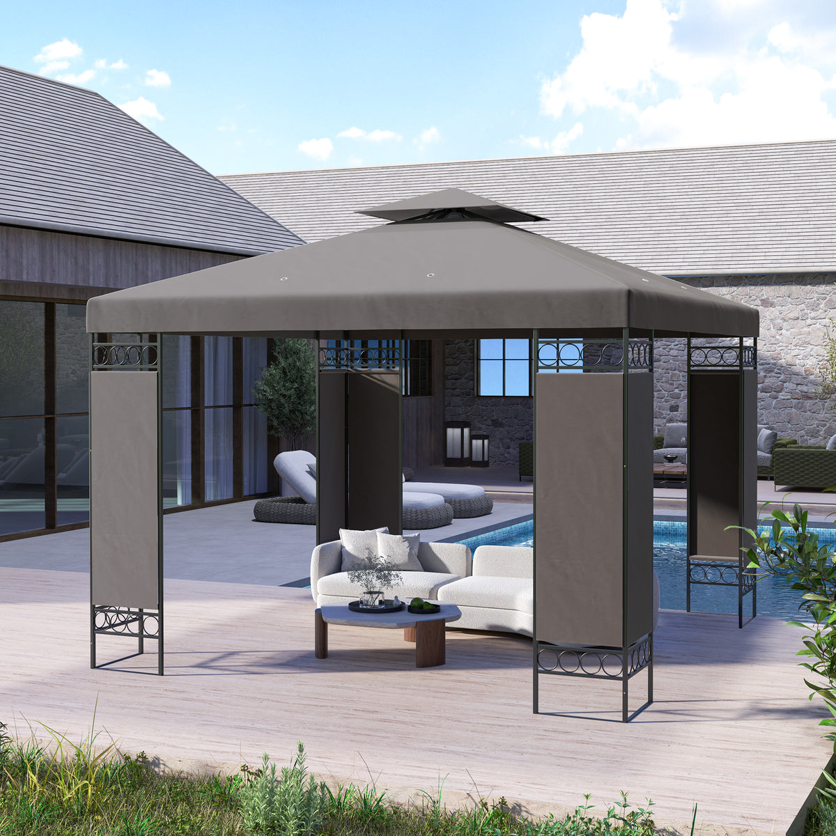 10 x 10 FT Canopy Gazebo, Double Roof Patio Gazebo with Screen Panels and Metal Frame for Deck, Backyard – view 7