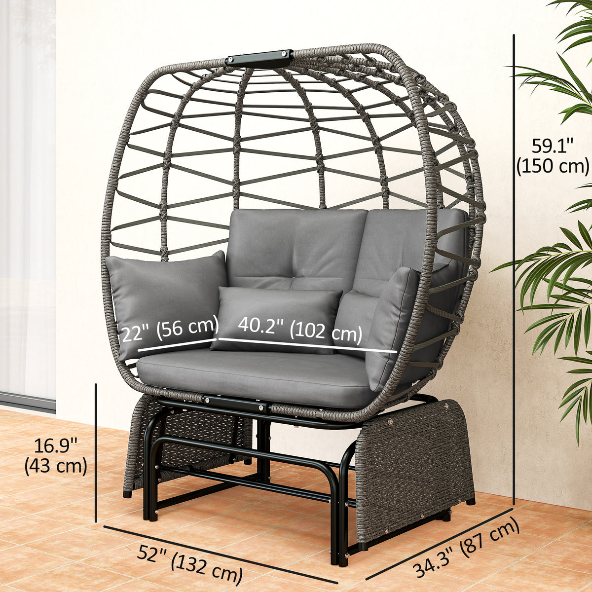 Double Outdoor Glider Egg Chair, Outdoor Loveseat Glider with Cushions and Pillows, Dark Grey