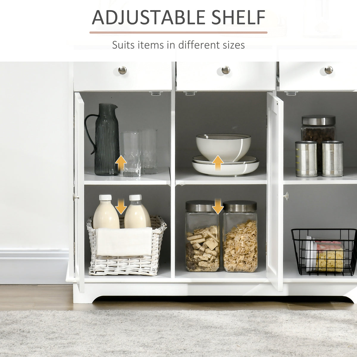 Modern Sideboard, Buffet Cabinet with Storage Cabinets, Drawers and Adjustable Shelves for Living Room, White