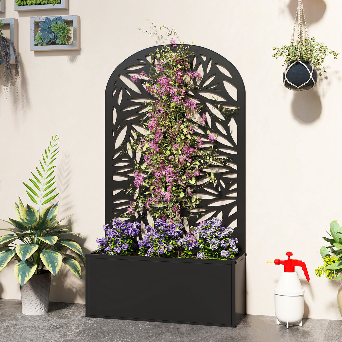 Metal Garden Bed with Trellis for Climbing Plants, Freestanding or Wall Mounted Flower Bed for Garden, Patio, Balcony