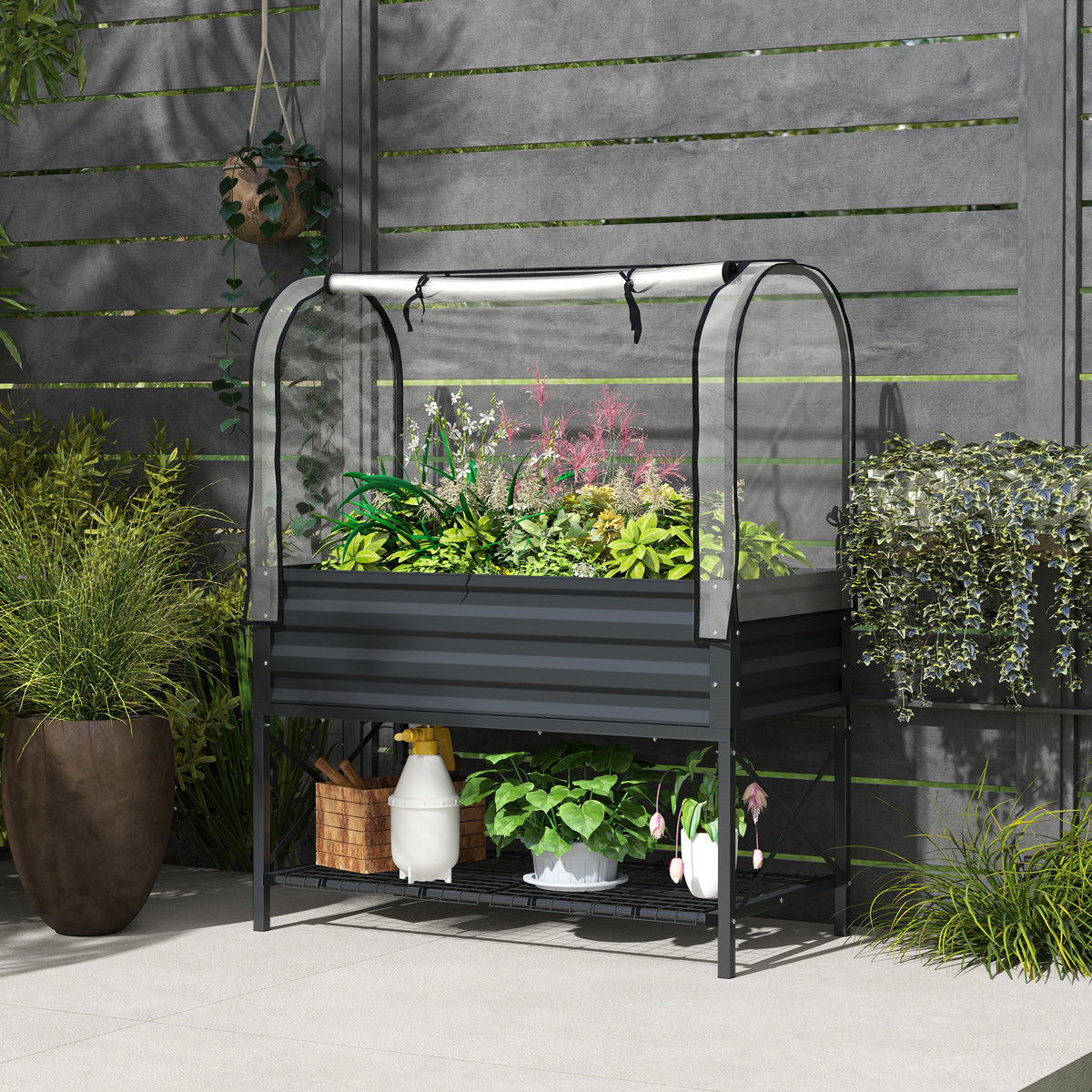 Raised Garden Bed with Cover, Metal Elevated Planter Box with Bottom Shelf and Liner, Black – view 14