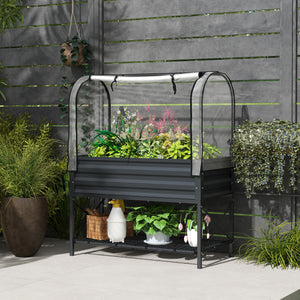 Raised Garden Bed with Cover, Metal Elevated Planter Box with Bottom Shelf and Liner, Black – view 14