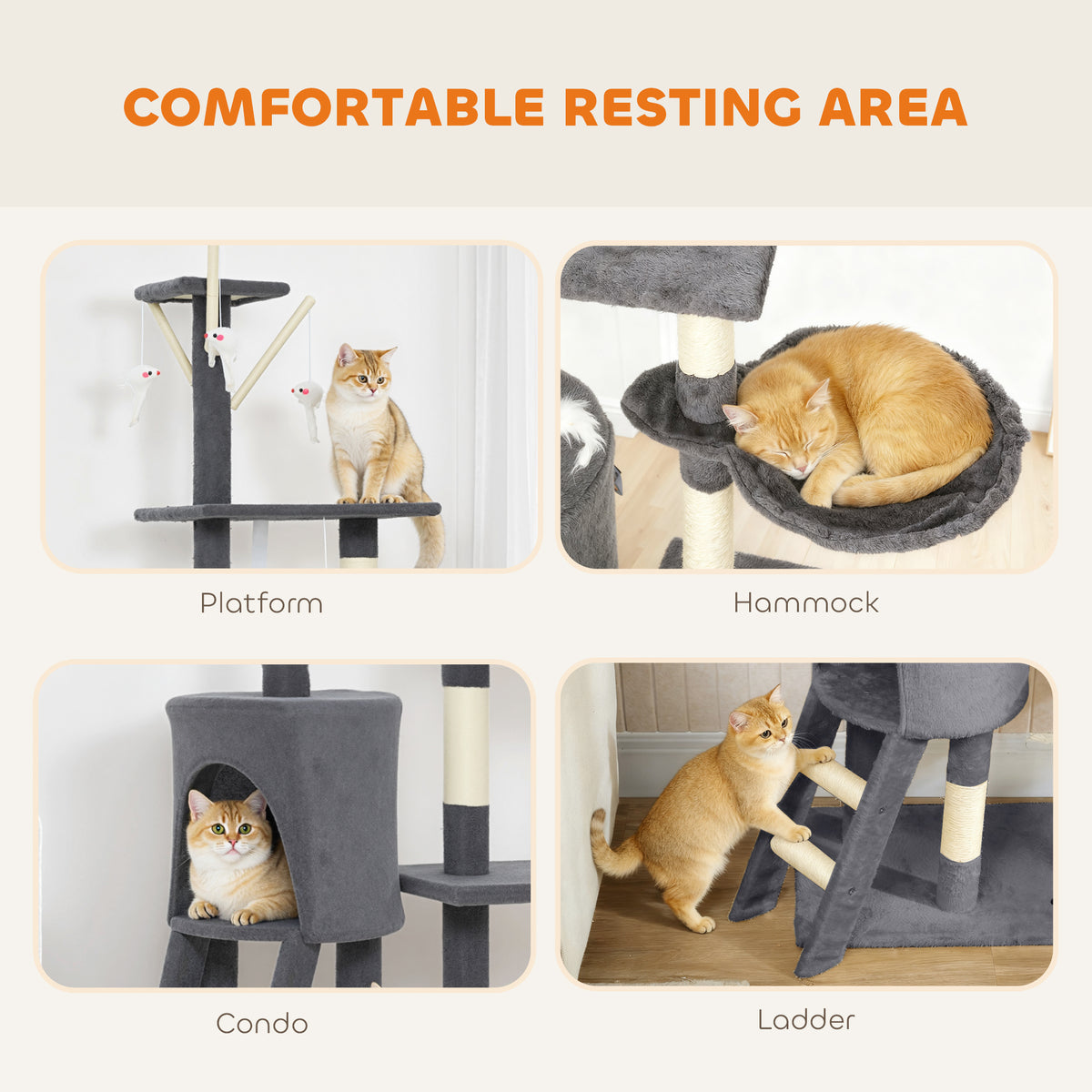 53" Cat Tree Tower, Kitten Activity Centre with Scratching Posts, Condo, Perches, Ladder, Hammock – view 18