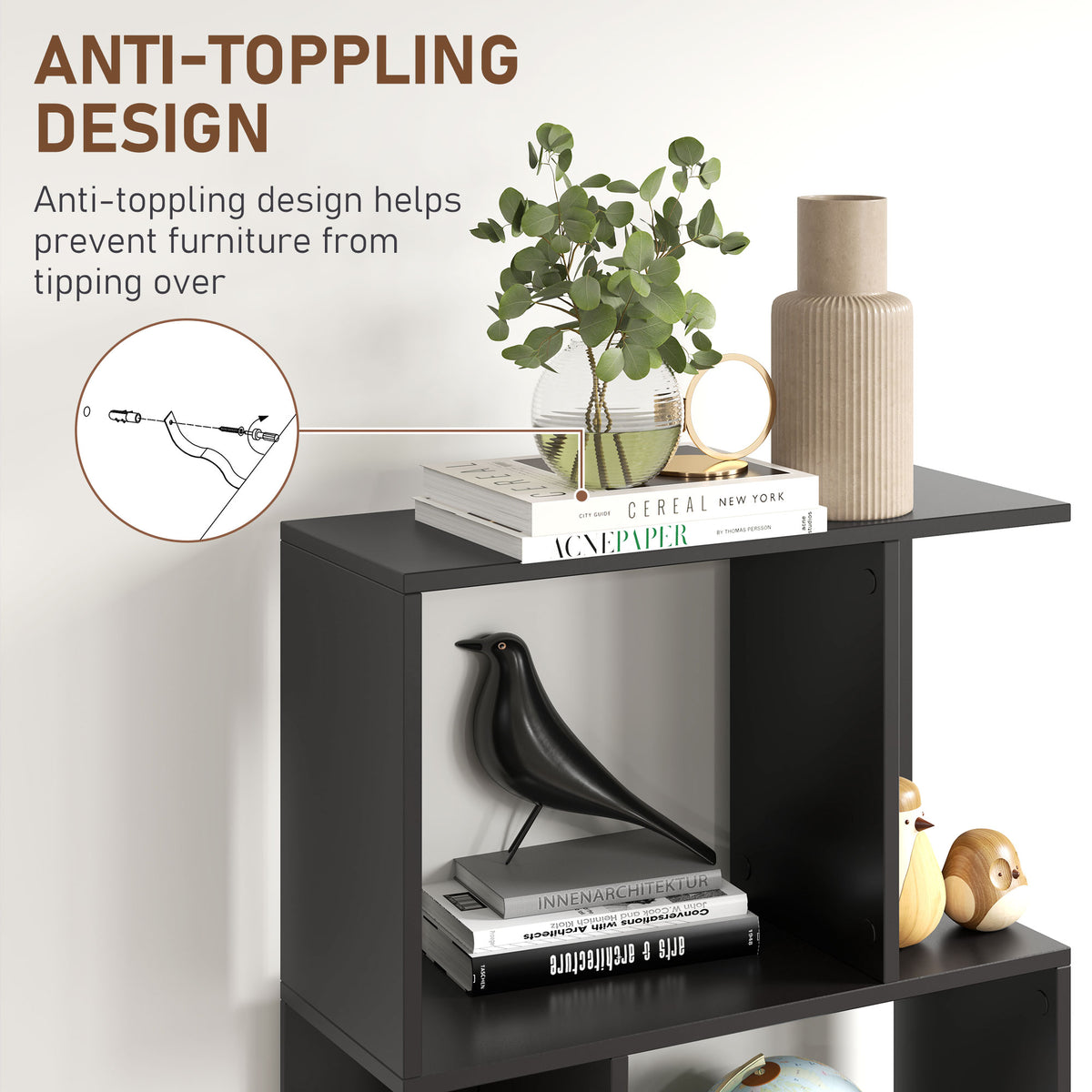 5-Tier Geometric Bookshelf, S Shaped Bookcase, Modern Freestanding Display Shelf Unit for Home Office, Black