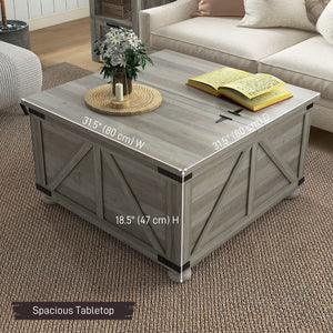 Farmhouse Coffee Table, Square Center Table with Flip-top Lids, Hidden Storage Compartment and Wooden Legs – view 9